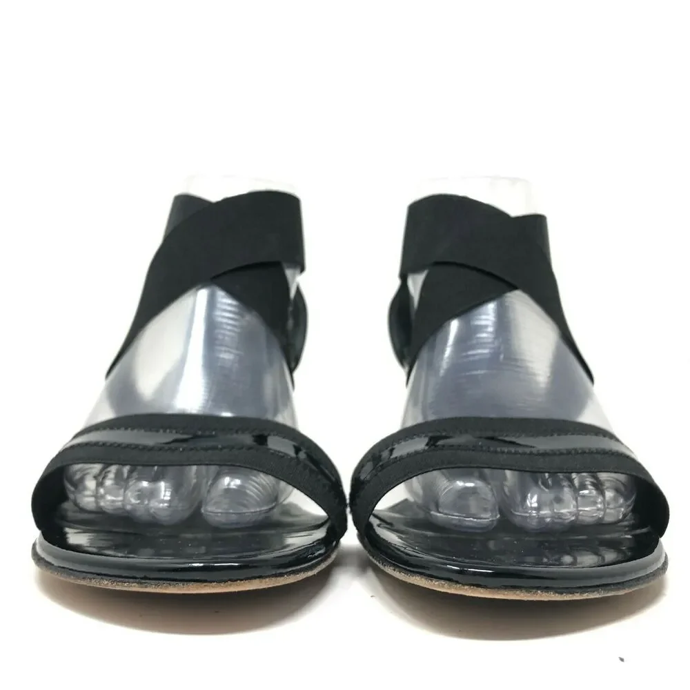 Stuart Weitzman‎ Strappy Sandal Womens 8.5 Elastic Black Patent Chunky Heel